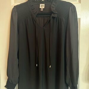 Anne Klein Black Long-Sleeve Ruffle-Yoke Tie-Neck Blouse